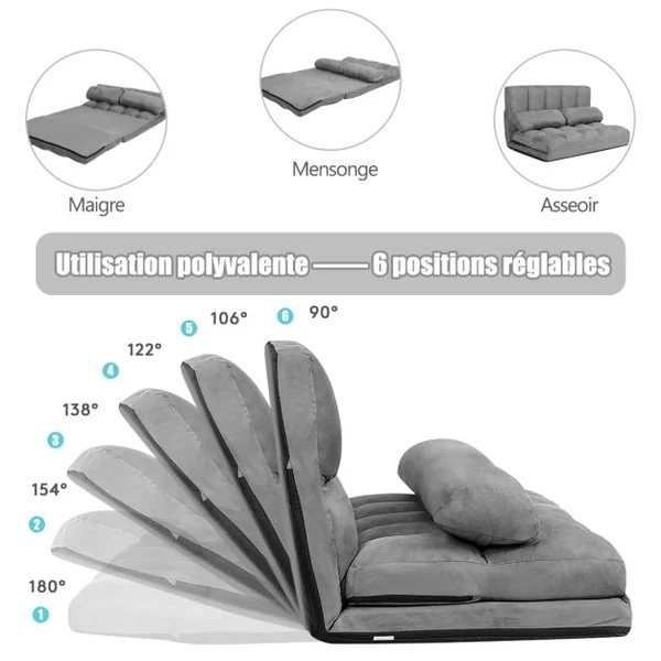 Canapé Convertible 2 Places 113 x 179 CM Dossier Réglable à 6 Positions Housse Détachable 2 Oreillers Gris