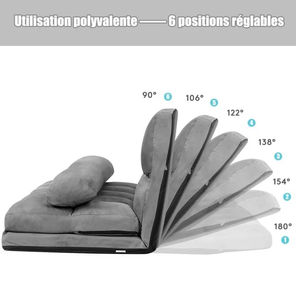 Canapé Convertible 2 Places 113 x 179 CM Dossier Réglable à 6 Positions Housse Détachable 2 Oreillers Gris