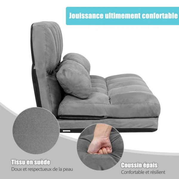 Canapé Convertible 2 Places 113 x 179 CM Dossier Réglable à 6 Positions Housse Détachable 2 Oreillers Gris