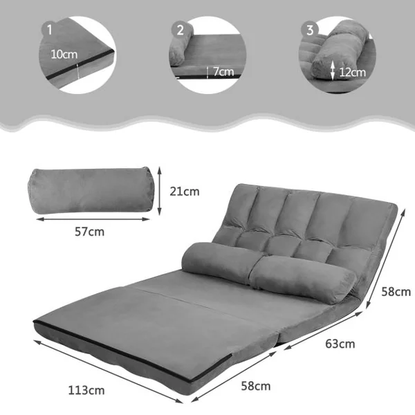 Canapé Convertible 2 Places 113 x 179 CM Dossier Réglable à 6 Positions Housse Détachable 2 Oreillers Gris