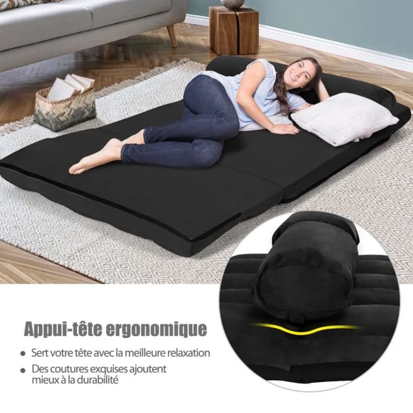 Canapé Convertible 2 Places 113 x 179 CM Dossier Réglable à 6 Positions Housse Détachable 2 Oreillers Noir