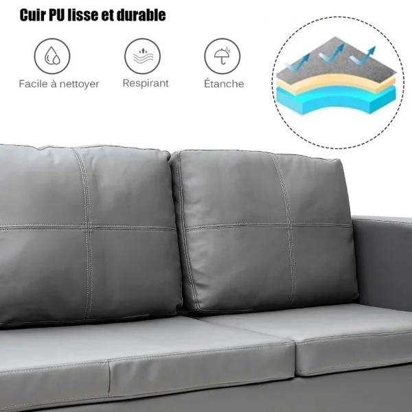Canapé d'Angle 3 Places Convertible avec Méridienne Réversible en Cuir PU Gris 188x62x60CM pour Salon Appartement Séjour