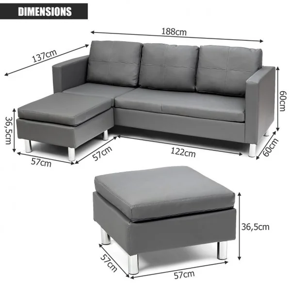 Canapé d'Angle 3 Places Convertible avec Méridienne Réversible en Cuir PU Gris 188x62x60CM pour Salon Appartement Séjour