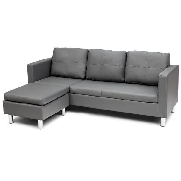 Canapé d'Angle 3 Places Convertible avec Méridienne Réversible en Cuir PU Gris 188x62x60CM pour Salon Appartement Séjour