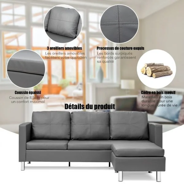Canapé d'Angle 3 Places Convertible avec Méridienne Réversible en Cuir PU Gris 188x62x60CM pour Salon Appartement Séjour