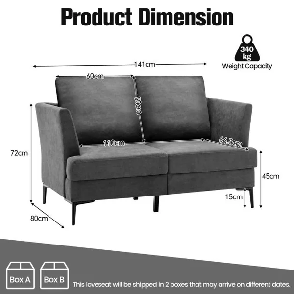 Canapé Droit 2 Places Moderne - 2 Coussins Amovibles - L 141 x P 80 x H 72 cm en Tissu de Lin Gris