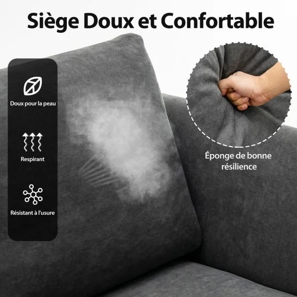 Canapé Droit 2 Places Moderne - 2 Coussins Amovibles - L 141 x P 80 x H 72 cm en Tissu de Lin Gris