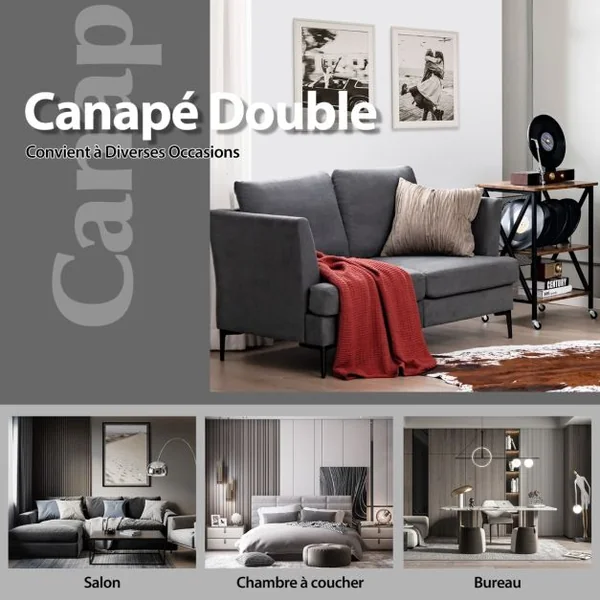 Canapé Droit 2 Places Moderne - 2 Coussins Amovibles - L 141 x P 80 x H 72 cm en Tissu de Lin Gris