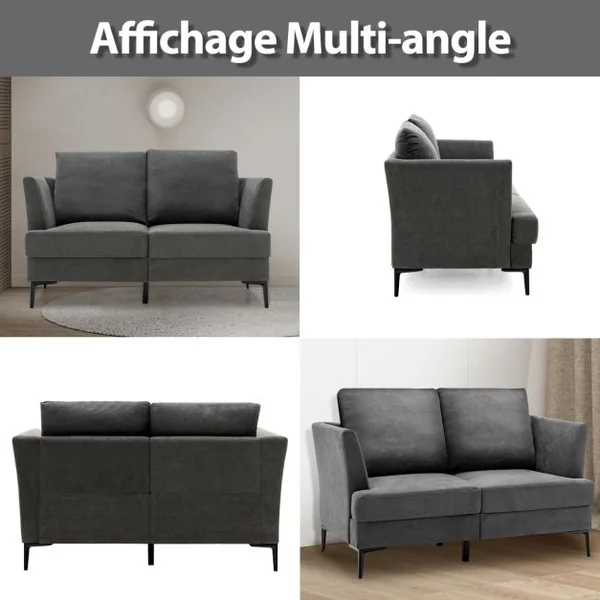 Canapé Droit 2 Places Moderne - 2 Coussins Amovibles - L 141 x P 80 x H 72 cm en Tissu de Lin Gris