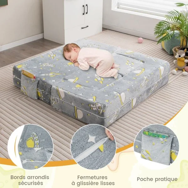 Canapé Enfants Lumineux Brillant dans le Noir 5 en 1 Housse Amovible et Lavable Canapé Convertible pour 3 Ans+ 107*52*41.5cm Gris