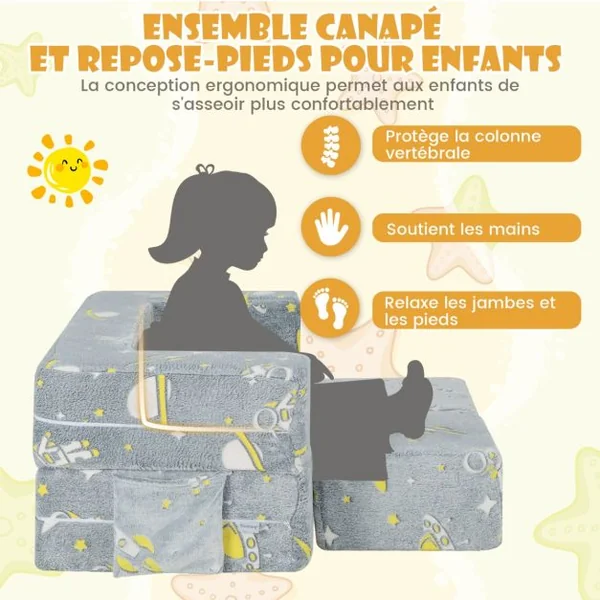 Canapé Enfants Lumineux Brillant dans le Noir 5 en 1 Housse Amovible et Lavable Canapé Convertible pour 3 Ans+ 107*52*41.5cm Gris
