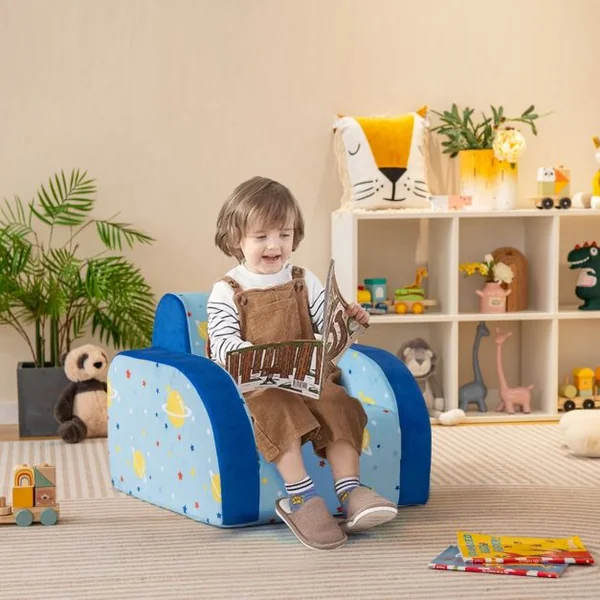 Canapé Lit Convertible pour Enfants 3 en 1 Fauteuil Rembourré Canapé-lit avec Housse de Protection Amovible pour Tout-petits Bleu