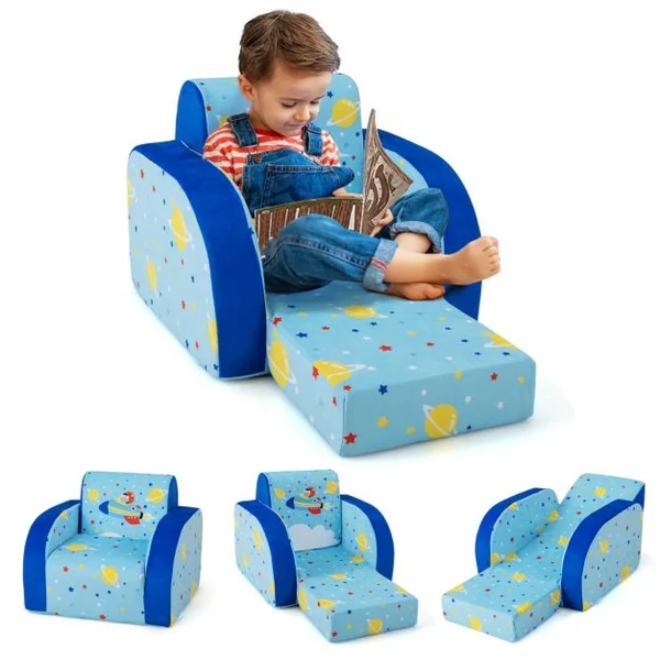 Canapé Lit Convertible pour Enfants 3 en 1 Fauteuil Rembourré Canapé-lit avec Housse de Protection Amovible pour Tout-petits Bleu