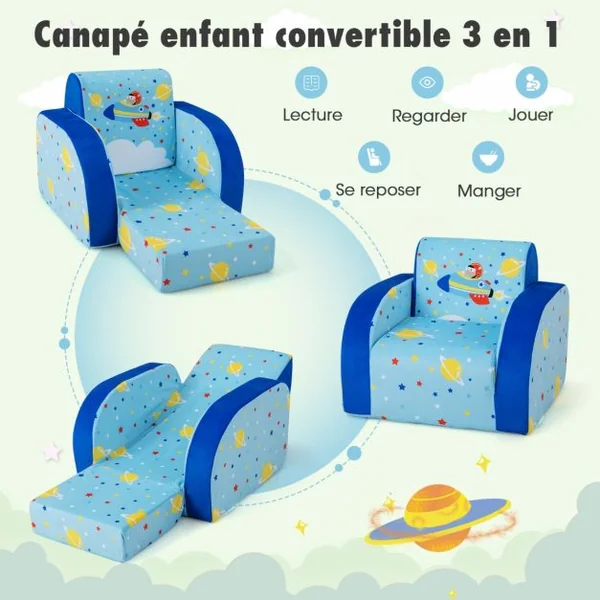 Canapé Lit Convertible pour Enfants 3 en 1 Fauteuil Rembourré Canapé-lit avec Housse de Protection Amovible pour Tout-petits Bleu