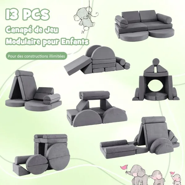 Canapé Modulaire 13 Pièces pour Enfants Canapé Sectionnel Polyvalent pour Tout-Petits Canapé en Mousse Convertible Bleu Marine