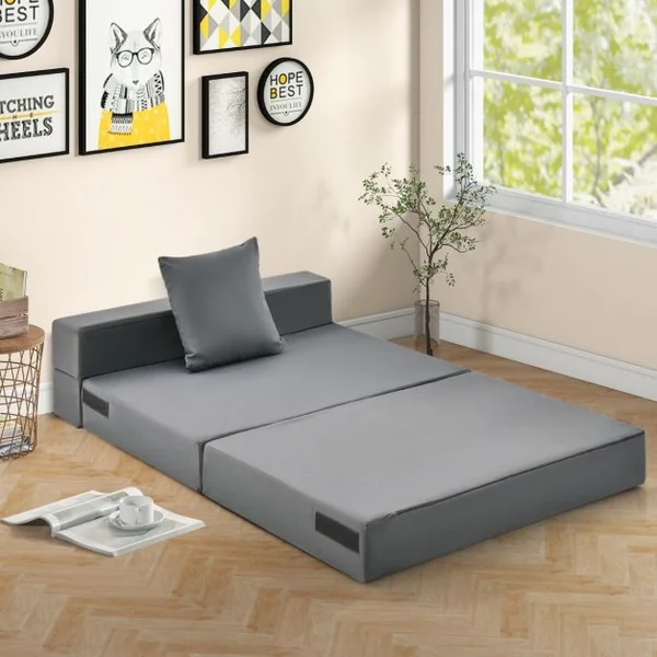 Canapé Pliant avec Oreiller Canapé Lit Mousse Haute Densité Matelas Ergonomique de 15 CM d'Appoint Portable Housse Zippée et Lavable Gris Foncé