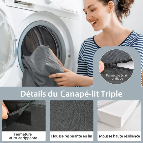 Canapé Pliant avec Oreiller Canapé Lit Mousse Haute Densité Matelas Ergonomique de 15 CM d'Appoint Portable Housse Zippée et Lavable Gris Foncé