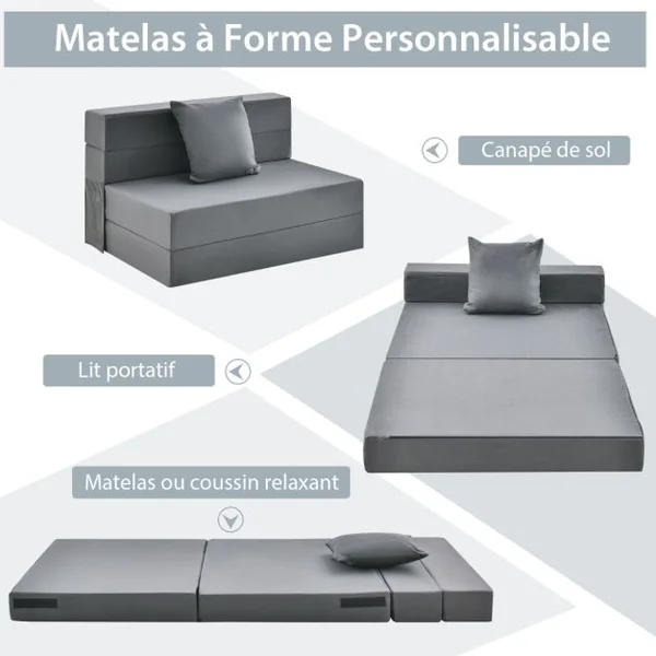 Canapé Pliant avec Oreiller Canapé Lit Mousse Haute Densité Matelas Ergonomique de 15 CM d'Appoint Portable Housse Zippée et Lavable Gris Foncé