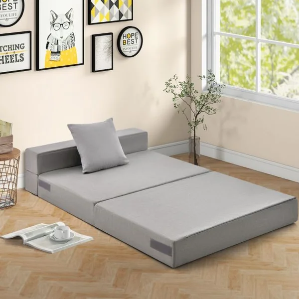 Canapé Pliant avec Oreiller Canapé Lit Mousse Haute Densité Matelas Ergonomique de 15 CM d'Appoint Portable Housse Zippée et Lavable Gris