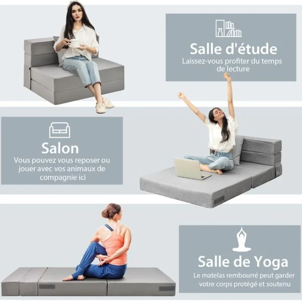 Canapé Pliant avec Oreiller Canapé Lit Mousse Haute Densité Matelas Ergonomique de 15 CM d'Appoint Portable Housse Zippée et Lavable Gris