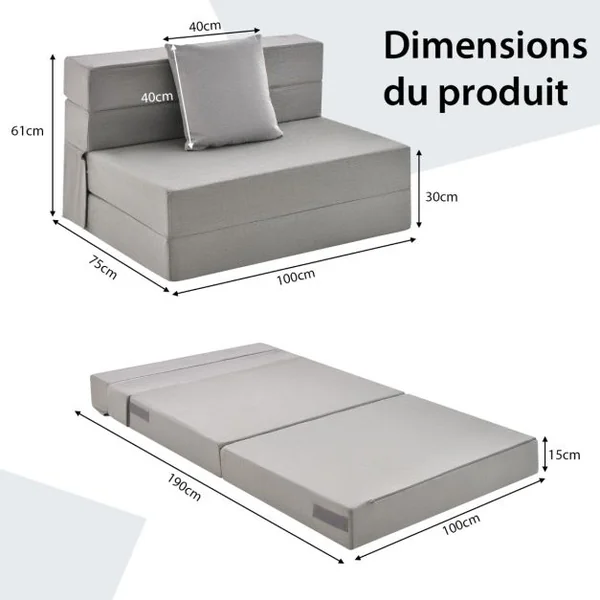 Canapé Pliant avec Oreiller Canapé Lit Mousse Haute Densité Matelas Ergonomique de 15 CM d'Appoint Portable Housse Zippée et Lavable Gris