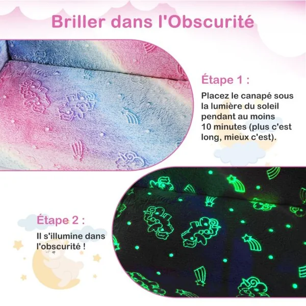Canapé pour Enfants avec Couverture Canapé et Chaise Longue Pliable Fauteuil Phosphorescent pour 3+ Ans Dinosaure Gris/Licorne Arc-En-Ciel