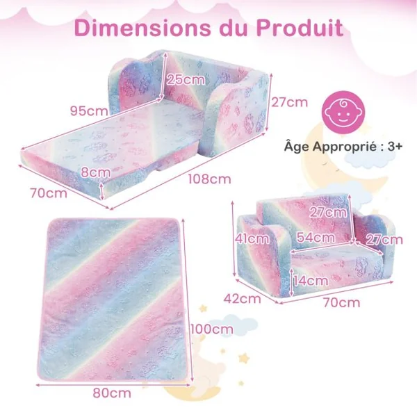 Canapé pour Enfants avec Couverture Canapé et Chaise Longue Pliable Fauteuil Phosphorescent pour 3+ Ans Dinosaure Gris/Licorne Arc-En-Ciel