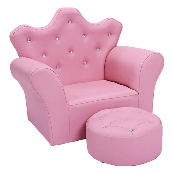 Canapé Princesse pour Enfants Dossier Haut Fauteuil avec Repose-pieds Rond en Pvc Bois Éponge Capacité 45kg Rose