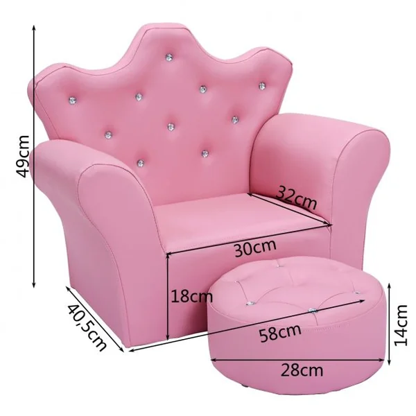 Canapé Princesse pour Enfants Dossier Haut Fauteuil avec Repose-pieds Rond en Pvc Bois Éponge Capacité 45kg Rose