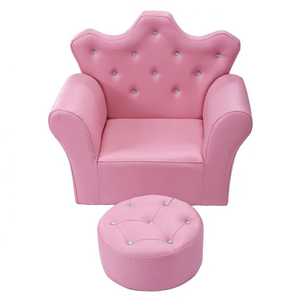Canapé Princesse pour Enfants Dossier Haut Fauteuil avec Repose-pieds Rond en Pvc Bois Éponge Capacité 45kg Rose