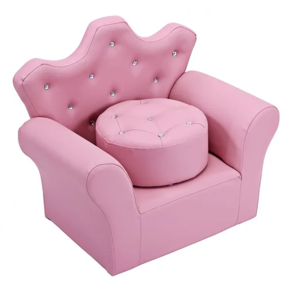 Canapé Princesse pour Enfants Dossier Haut Fauteuil avec Repose-pieds Rond en Pvc Bois Éponge Capacité 45kg Rose