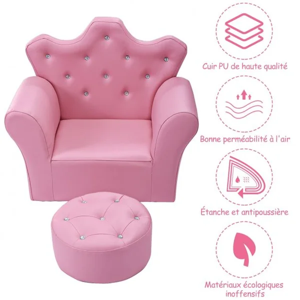 Canapé Princesse pour Enfants Dossier Haut Fauteuil avec Repose-pieds Rond en Pvc Bois Éponge Capacité 45kg Rose