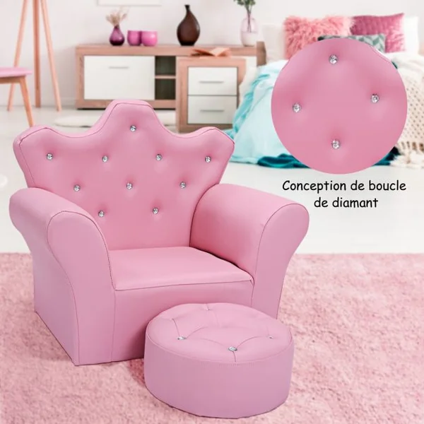 Canapé Princesse pour Enfants Dossier Haut Fauteuil avec Repose-pieds Rond en Pvc Bois Éponge Capacité 45kg Rose