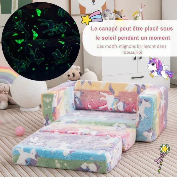 Canapé Rabattable 2 en 1 pour Enfant Canapé Convertible en Chaise Longue Housse Amovible en Tissu Flanelle et Motifs Lumineux en Peluche Douce Coloré