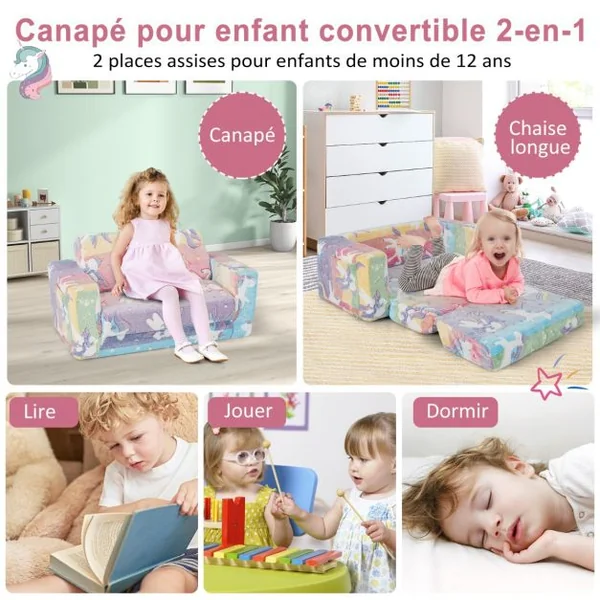 Canapé Rabattable 2 en 1 pour Enfant Canapé Convertible en Chaise Longue Housse Amovible en Tissu Flanelle et Motifs Lumineux en Peluche Douce Coloré