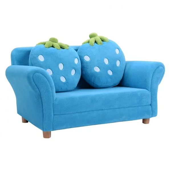 Canapé sofa pour enfant avec 2 coussins motif fraise Meuble chambre d’enfant confortable, 90 x 53 x 48 cm, Bleu