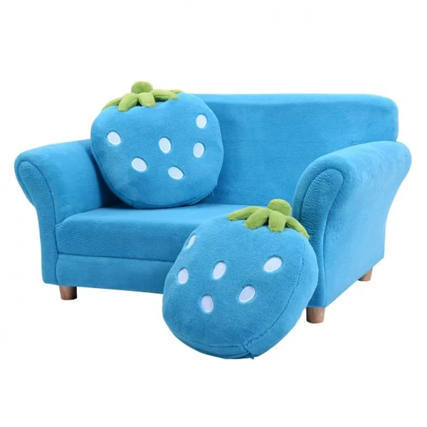 Canapé sofa pour enfant avec 2 coussins motif fraise Meuble chambre d’enfant confortable, 90 x 53 x 48 cm, Bleu