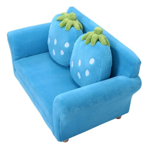 Canapé sofa pour enfant avec 2 coussins motif fraise Meuble chambre d’enfant confortable, 90 x 53 x 48 cm, Bleu