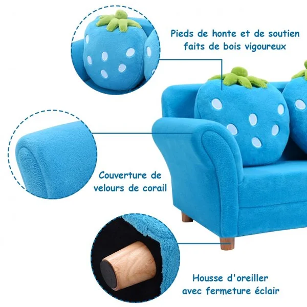 Canapé sofa pour enfant avec 2 coussins motif fraise Meuble chambre d’enfant confortable, 90 x 53 x 48 cm, Bleu