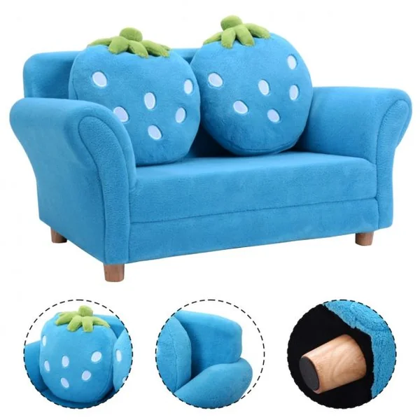 Canapé sofa pour enfant avec 2 coussins motif fraise Meuble chambre d’enfant confortable, 90 x 53 x 48 cm, Bleu
