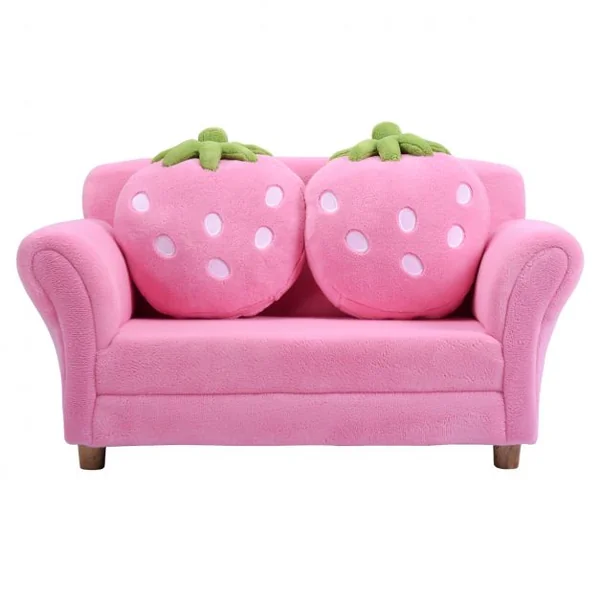 Canapé sofa pour enfant avec 2 coussins motif fraise Meuble chambre d’enfant confortable, 90 x 53 x 48 cm, Rose