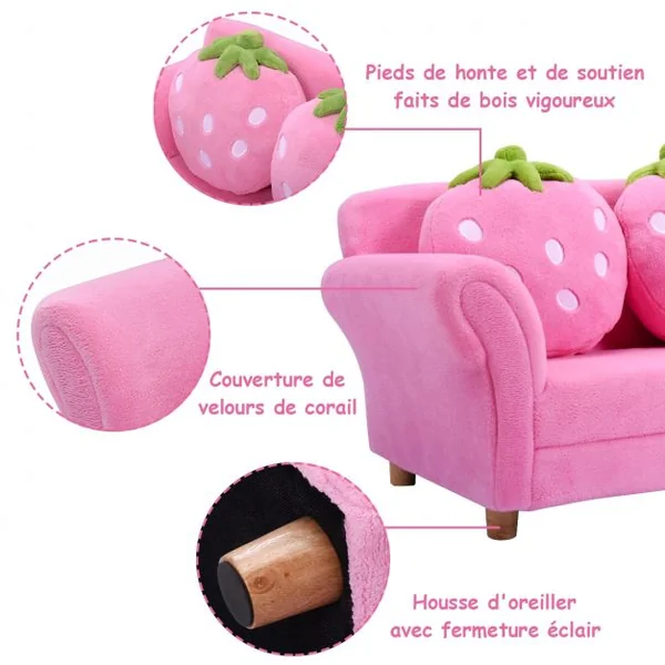 Canapé sofa pour enfant avec 2 coussins motif fraise Meuble chambre d’enfant confortable, 90 x 53 x 48 cm, Rose