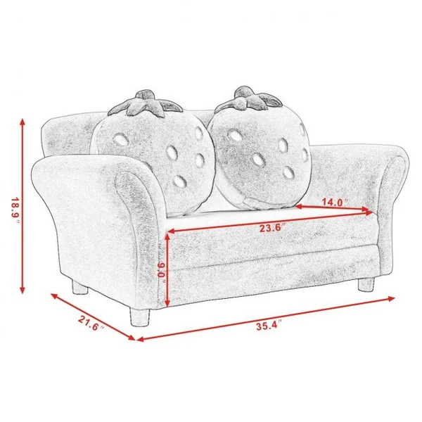 Canapé sofa pour enfant avec 2 coussins motif fraise Meuble chambre d’enfant confortable, 90 x 53 x 48 cm, Rose