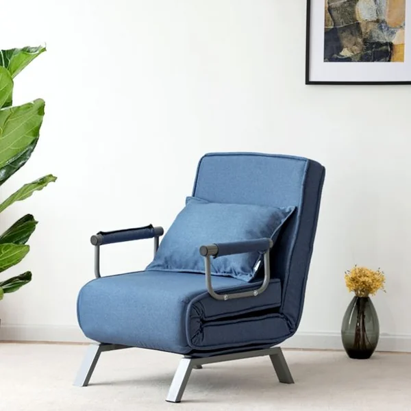 Canapé-lit 1 Place Fauteuil Convertible Fauteuil Chauffeuse avec Coussin en Tissu Lin et Acier Lit 186x59x28cm Bleu