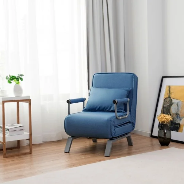 Canapé-lit 1 Place Fauteuil Convertible Fauteuil Chauffeuse avec Coussin en Tissu Lin et Acier Lit 186x59x28cm Bleu