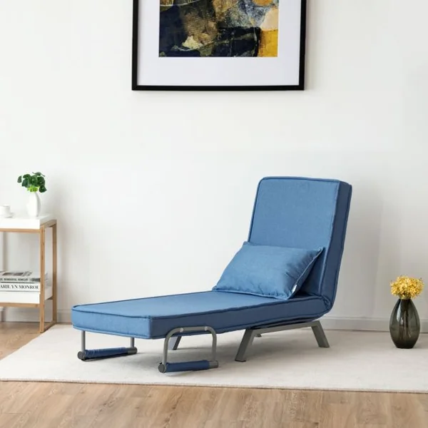 Canapé-lit 1 Place Fauteuil Convertible Fauteuil Chauffeuse avec Coussin en Tissu Lin et Acier Lit 186x59x28cm Bleu