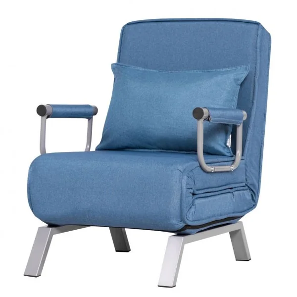 Canapé-lit 1 Place Fauteuil Convertible Fauteuil Chauffeuse avec Coussin en Tissu Lin et Acier Lit 186x59x28cm Bleu