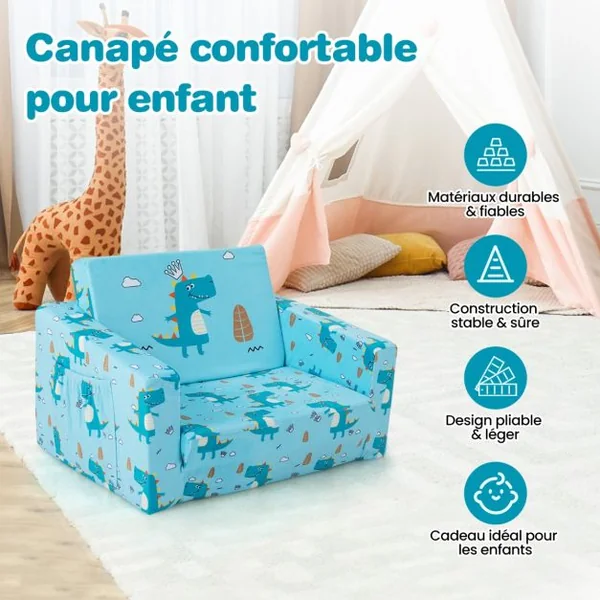 Canapé-Lit 2 en 1 Enfants Convertible en Velours avec Poches de Rangement Latérales Imprimé Dinosaures 0-5 Ans