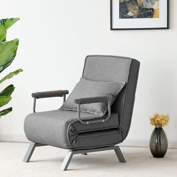 Canapé-Lit Convertible à 5 Positions Fauteuil-lit 1 Place avec Coussin de Dossier en Tissu Lin, 186x60x25cm, Gris