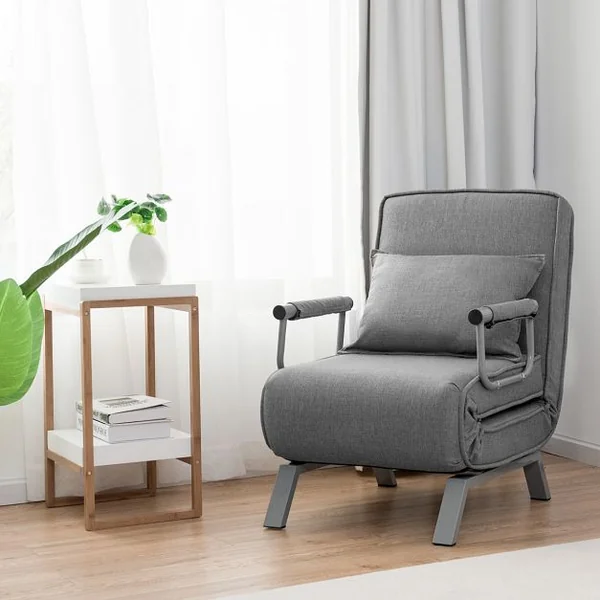 Canapé-Lit Convertible à 5 Positions Fauteuil-lit 1 Place avec Coussin de Dossier en Tissu Lin, 186x60x25cm, Gris